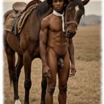 Vintage-Poster, Field Hand, dunkelhäutiger Mann mit Pferd, nackt und sichtbares Lustpendel.