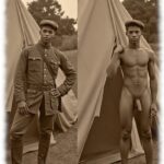 Vintage-Zwei Bilder dunkelhäutiger Mann vor Zelt stehend, verschiedene Posen, in Uniform und nackt.