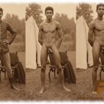 Vintage-Drei Bilder dunkelhäutiger Mann vor Zelt stehend, verschiedene Posen, in Uniform und nackt.