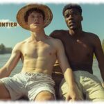 Zwei Twinks im Boot sitzend, Hand des einen auf dem Oberschenkel des anderen.