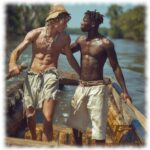 Zwei Twinks im Boot auf dem Fluss, einander zugewandt in leichter Umarmung.