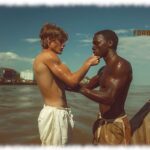 Zwei Twinks mit nassem Oberkörper, auf Boot stehend, gegenseitige Berührung.