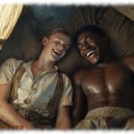 Zwei Twinks lachend im Zelt liegend, Nahaufnahme.