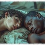 Zwei Twinks schlafend im Zelt, Kopf an Kopf in Nahaufnahme, nasse Haut,