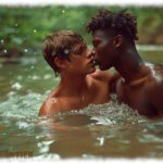 Zwei Twinks im Fluss badend und sich küssend.