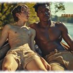 Zwei Twinks im Boot sitzend, freie Oberkörper berühren sich leicht, beide mit sanfter Ausprägung.
