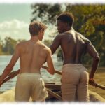 Zwei Twinks im Boot stehend und rudernd, Blicke zugewandt, freie Oberkörper.