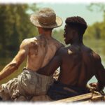 Zwei Twinks sitzen im Boot, Hand des einen in der Hose des anderen ergreift dessen Po.