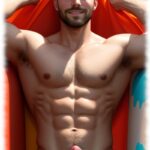 Körper frontal, aufgerichteter Kelch der Lust bahnt sich Weg durch halb herunter gelassener Badehose.
