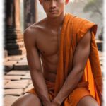 Buddhistischer Novize im Tempel knieend.