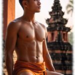 Buddhistischer Novize vor Pagode meditierend.