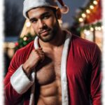 Maskuliner Mann im Weihnachtsmann-Kostüm mit erregendem, intensiven Blick.