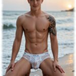 Twink kniet am Strand, geformte Stelle im nassen Slip lässt Knospenfeder erkennen.