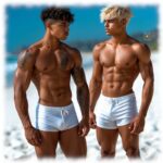 Zwei Twinks leicht gegenüber stehend, weiße Hosen trägen eine markante Wölbung.