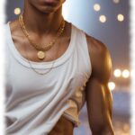 Blond und sportlich, Twink mit leicht erhobenem T-Shirt und Blick auf trainierten Bauch.