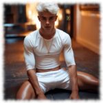 Blonder Twink, sitzend, gespannte Shorts verhindern den Blick auf verborgene Begierde.
