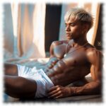 Liegender dunkelhäutiger Twink mit weißer Hose im Seitenprofil.