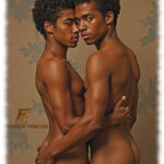 Magazin, Don´t tell Dad: Zwei dunkelhäutige Twinks eng beieinander umarmen sich, Hand auf dem Po des anderen.