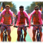 Drei junge Männer, auf Fahrrad, pinke Federboa und Pants, Straße in Regenbogen-Farben.