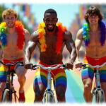 Drei junge Männer, lachend, auf Fahrrad mit Federboa, Hosen und Straße in Regenbogen-Farben.