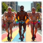 Drei ältere Männer, lachend, auf E-Roller, mit Engelsflügeln, Straße in Regenbogen-Farben.