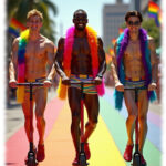 Drei junge Männer, lachend, auf E-Roller, mit Federboa, Straße in Regenbogen-Farben.