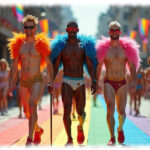 Drei junge Männer, lächelnd, mit Federboa, Straße in Regenbogen-Farben.