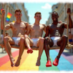 Drei junge Männer, lächelnd, halb nackt auf einer Schaukel, Straße in Regenbogen-Farben.