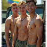 Drei junge Soldaten, lächelnd, Fahrzeuge und Regenbogen-Fahne im Hintergrund.