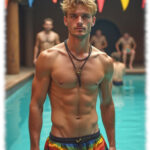 Junger blonder Mann in Regenbogen-Shorts, im Wasser stehend. freier Oberkörper.