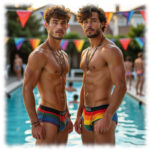 Zwei junge Männer in Regenbogen-Slips mit provokanten Zeichen, stehen sich gegenüber. freier Oberkörper.
