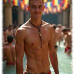 Lächelnder junger Blondschopf in Regenbogen-Pants. freier Oberkörper, im Wasser stehend.
