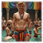 Lächelnder junger Mann in Regenbogen-Pants. freier Oberkörper, im Wasser stehend.