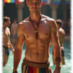 Junger Mann in Regenbogen-Pants. freier Oberkörper, im Wasser stehend.