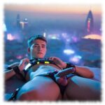 Futuristische Szene, Twink im Lederharness, liegend, präsentiert seine langsam aufstrebende Flamme.