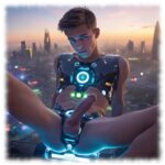 Futuristische Szene, Twink im Lack-Outfit, breitbeinig, erhobener Schaft und Sternkugeln präsentiert.
