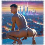 Futuristische Szene, Twink hockend, Po nach hinten gestreckt, harter Glutzeiger und Mondperlen darunter.