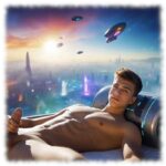 Futuristische Szene, Twink liegend, Hand hält die Lanze des Begehrens fest umschlossen.