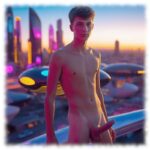 Futuristische Szene, Twink stehend, zeigt seine aufgerichtete Flammenlanze und die Mondperlen.