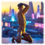 Futuristische Szene, Twink knieend, rasierter langer Luststab ragt nach vorn.