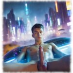 Futuristische Szene, Twink breitbeinig sitzend mit massiver Lanze des Begehrens im Zentrum.