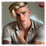 Portrait eines sinnlich blickenden, blonden Twinks. Hand unter dem Hemd berührt die Brust.