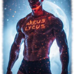 Muskulöser Space-Men, AREUS LYEUS, in Sternenstaub gehüllt im Universum.