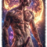 Nackter Space-Men mit harter aufstrebender Flamme und Mondperlen im Universum.