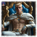 Twink mit Krone auf Thron sitzend, weißer Umhang und weiße Hose.