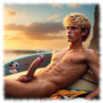 Liegender Twink mit erhabener Statue und entspanntem Blick im Boot.