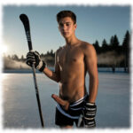 Junger kanadischer Eishockey-Spieler. Schläger in der Hand und Erregungsrute im Profil.