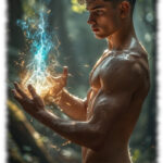 Junger Zauberer, nackt im Wald beschwört eines der Elemente. aufgerichteter Kelch der Lust im Seitenprofil sichtbar.