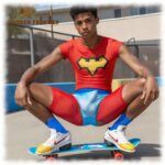 Dunkelhäutiger Twink auf Skate-Board hockend, Erregung und Fruchtknollen formen sich sichtbar