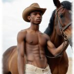Nackter dunkelhäutiger Twink in Prärie mit Pferd, Stoff der Hose spannt sich auffällig.